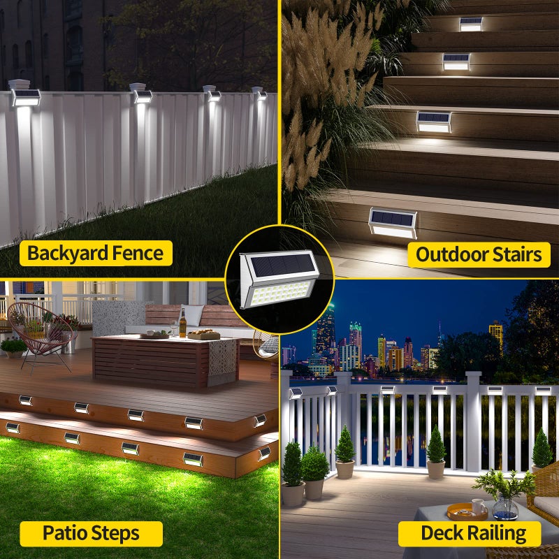 ROSHWEY Solar Lights Outdoor, 10 Pack 30 LED Fence Lights Waterproof Solar Powered Deck Post Lamps Stainless Steel Outside Step Lighting for Backyard Yard Walkway Stairs, Cool White Light - Image 2